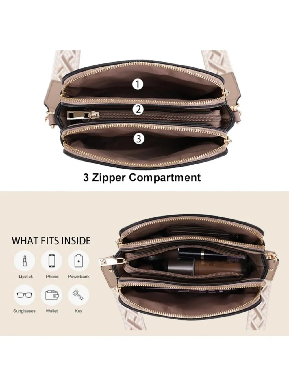 Women's Taupe Trendy Triple Zip Small Crossbody Bag Purse with Guitar Strap